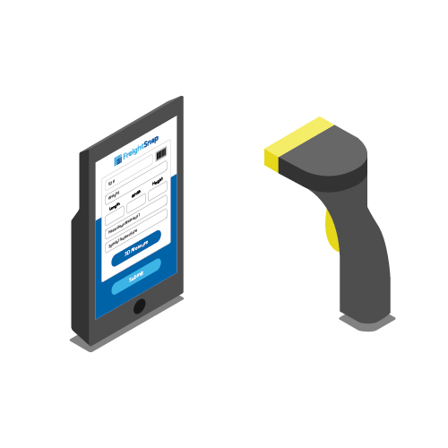 Isometric illustration of FreightSnap's barcode scanner and handheld app triggering options.