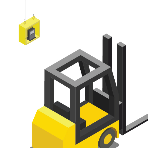 Isometric illustration of a forklift using FreightSnap's hanging barcode scanner triggering option.