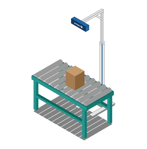Isometric illustration of FreightSnap's FS Parcel dimensioner being used with a roller belt scale.