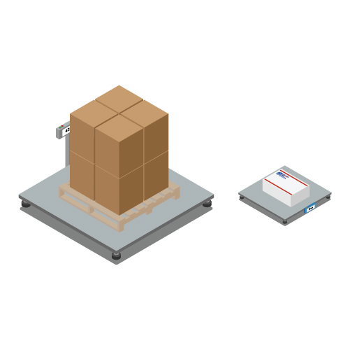Isometric illustration of a large freight floor scale and a small package scale.