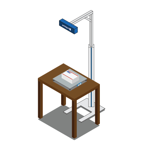 Isometric illustration of FreightSnap's FS Parcel dimensioner being used with a small package scale.
