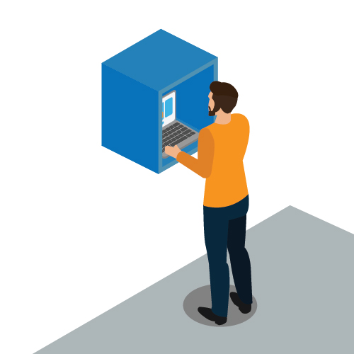 Isometric illustration of a man using FreightSnap's workstation triggering option.