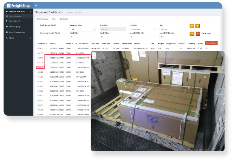 FreightSnap dashboard screen with freight in truck